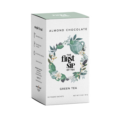 Almond Chocolate Green Tea, Pyramid Sachet Tea Bags, Dark Chocolate & Almond, Caffeinated, Hot & Iced Tea - 16 Cups | The Spice Hut, First Sip of Tea